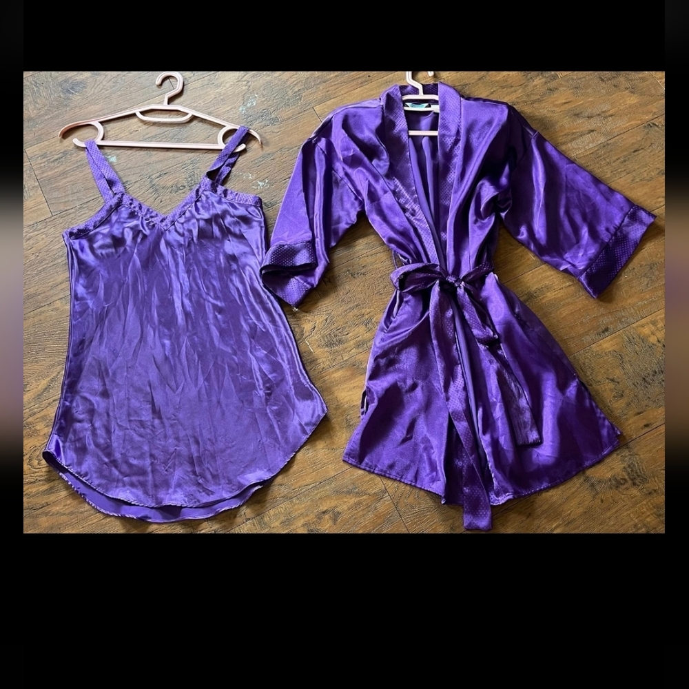 Purple Matching Lounge Set Silky Tank Sleep Dress W/ Robe Polka Dot Design Sz Sm